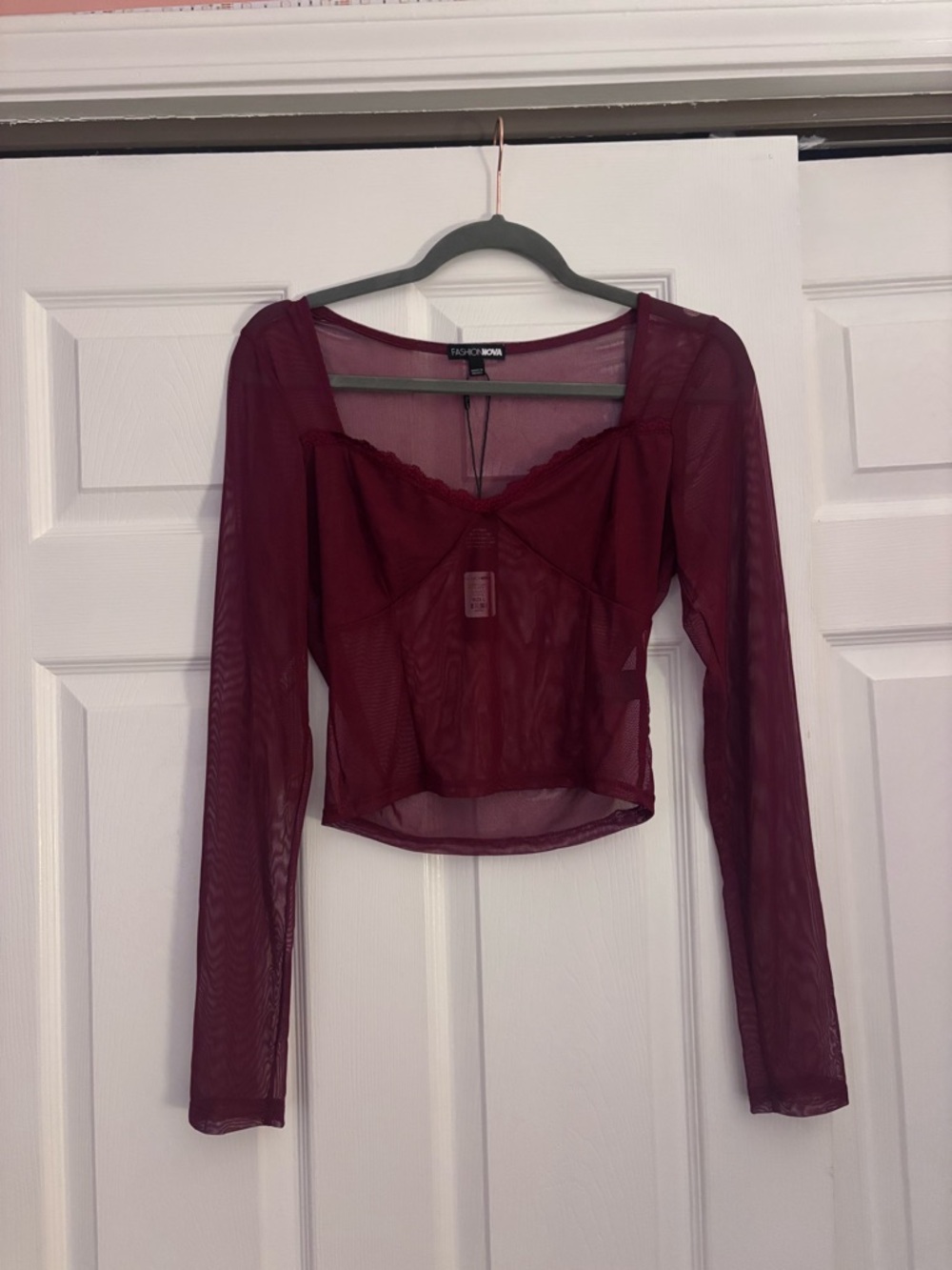 Fashion Nova Burgundy Sheer Long-Sleeve Crop Top